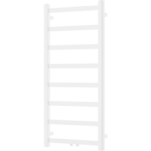 Biały grzejnik łazienkowy o prostokątnym kształcie, zbudowany z dwóch pionowych rur połączonych ośmioma poziomymi szczeblami. Produkt ma minimalistyczny design i jest przeznaczony do montażu na ścianie.