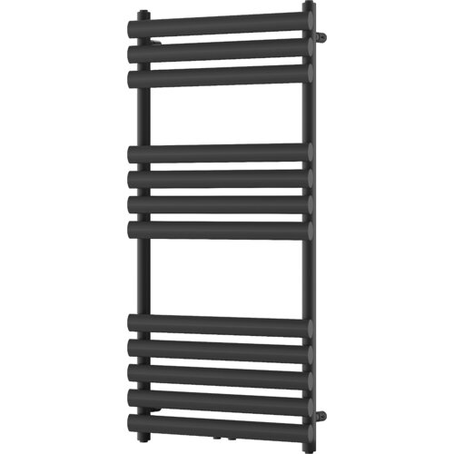 Czarny grzejnik łazienkowy o wymiarach 1200 x 600 mm zbudowany z poziomych, cylindrycznych rur. Produkt ma nowoczesny design i jest przeznaczony do montażu na ścianie.