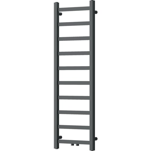 Na zdjęciu znajduje się antracytowy grzejnik łazienkowy o prostokątnym kształcie z pionowymi rurkami po bokach i poziomymi szczeblami. Grzejnik ma nowoczesny design i jest wykonany z metalu.