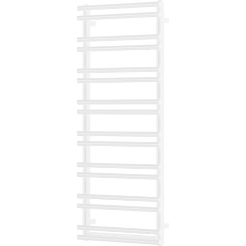 Biały grzejnik łazienkowy o prostokątnym kształcie z poziomymi rurkami. Produkt ma wymiary 1200 x 500 mm i moc 409 W.