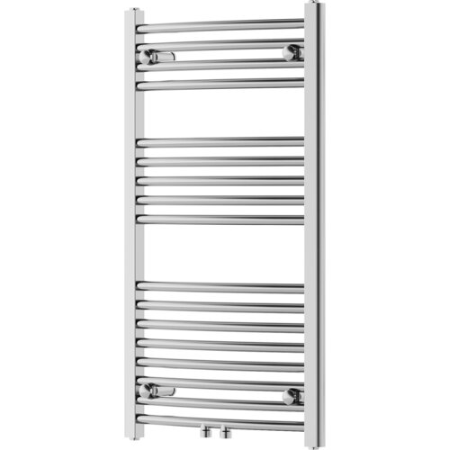 Na zdjęciu znajduje się chromowany grzejnik łazienkowy z poziomymi rurkami, ułożonymi równomiernie w pionowej ramie. Produkt ma prosty, nowoczesny design i jest wykonany z metalu.