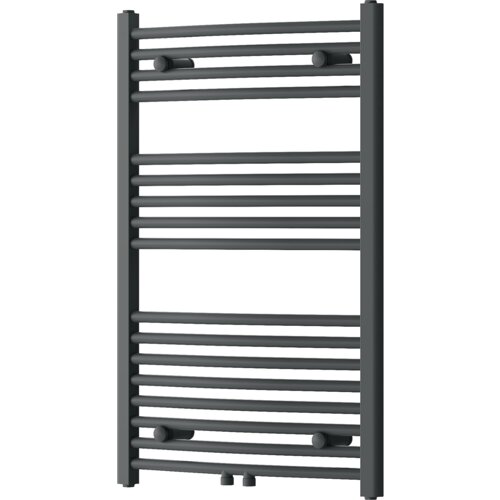 Grzejnik łazienkowy w kolorze antracytowym o wymiarach 900 x 600 mm, składający się z poziomych rurek zamocowanych między dwoma pionowymi belkami. Produkt ma prosty, nowoczesny design i jest przeznaczony do montażu na ścianie.