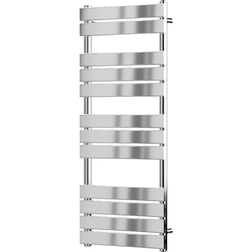 Chromowany grzejnik łazienkowy o wymiarach 1200 x 500 mm z poziomymi, szerokimi panelami. Produkt ma eleganckie, błyszczące wykończenie.