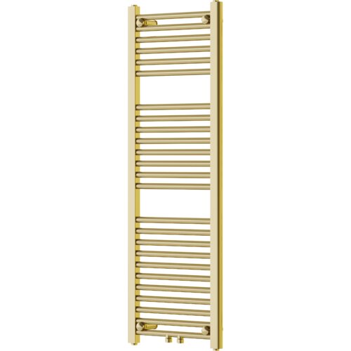 Złoty grzejnik łazienkowy o wymiarach 1200 x 400 mm z poziomymi rurkami i dwoma pionowymi kolektorami. Na dole widoczne są dwa zawory przyłączeniowe.