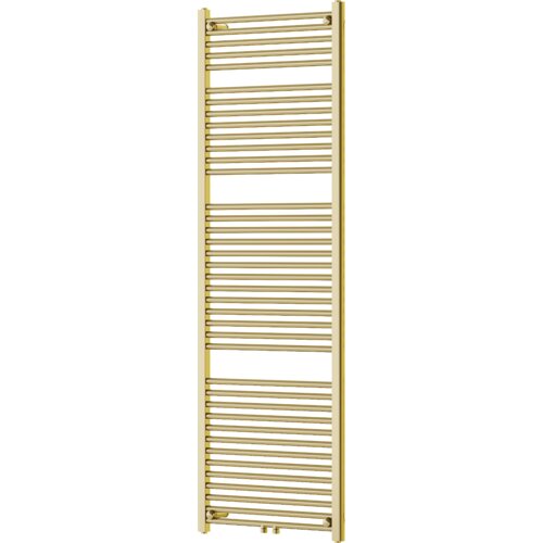 Złoty grzejnik łazienkowy o wymiarach 1800 x 600 mm z poziomymi rurkami i dwoma pionowymi kolektorami. Na dole widoczne są dwa przyłącza.
