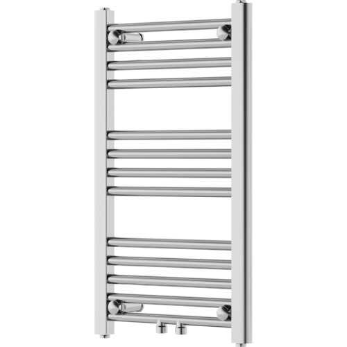 Chromowany grzejnik łazienkowy o wymiarach 700 x 400 mm z poziomymi rurkami i dwoma zaworami u dołu. Produkt ma nowoczesny design i gładką, błyszczącą powierzchnię.
