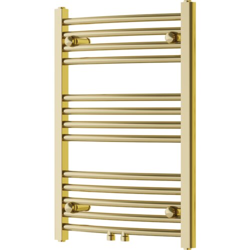 Złoty grzejnik łazienkowy z poziomymi, równoległymi rurkami i prostokątnymi pionowymi ramami. Produkt ma elegancki, nowoczesny design i jest przeznaczony do montażu na ścianie.
