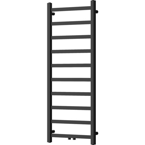 Czarny grzejnik łazienkowy o prostokątnym kształcie z pionowymi i poziomymi rurkami, tworzącymi regularny wzór. Produkt ma wymiary 1200 x 500 mm i moc 318 W.