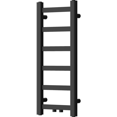 Czarny grzejnik łazienkowy o prostokątnym kształcie z sześcioma poziomymi rurkami i dwoma pionowymi rurkami po bokach. Produkt ma minimalistyczny design i jest przeznaczony do montażu na ścianie.