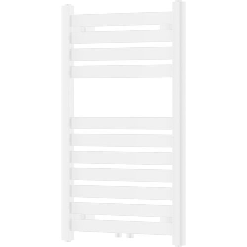 Biały grzejnik łazienkowy o prostokątnym kształcie, zbudowany z poziomych, równomiernie rozmieszczonych rurek. Produkt ma wymiary 800 x 500 mm i moc 364 W.