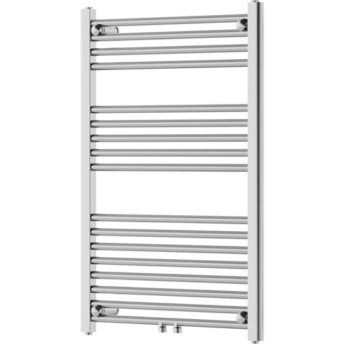 Na zdjęciu widoczny jest chromowany grzejnik łazienkowy z poziomymi rurkami, o wymiarach 900 x 600 mm. Produkt ma elegancki, nowoczesny design i jest przeznaczony do montażu na ścianie.