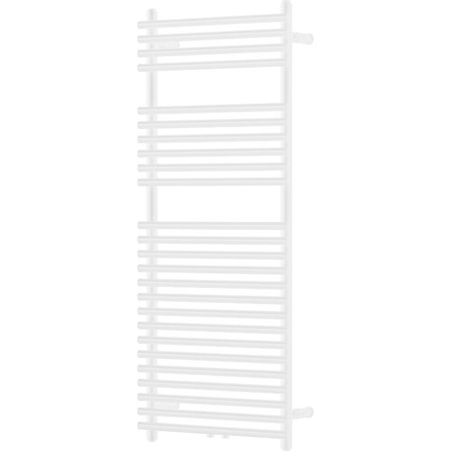 Biały grzejnik łazienkowy o wymiarach 1200 x 500 mm z poziomymi rurkami. Produkt ma moc 569 W i jest oznaczony jako model W125-1200-500-00-20.