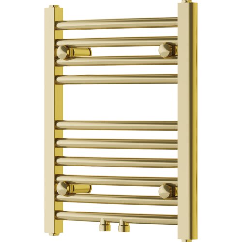 Złoty grzejnik łazienkowy z poziomymi rurkami, o wymiarach 500 x 400 mm, z dwoma zaworami u dołu. Produkt ma eleganckie, błyszczące wykończenie.