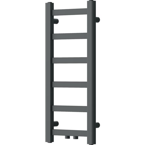 Grzejnik łazienkowy w kolorze antracytowym o prostokątnym kształcie, zbudowany z dwóch pionowych rur połączonych sześcioma poziomymi szczeblami. Produkt ma minimalistyczny design i jest przeznaczony do montażu na ścianie.