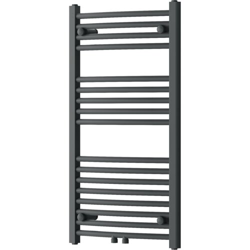 Grzejnik łazienkowy w kolorze antracytowym o wymiarach 900 x 500 mm, składający się z poziomych, równomiernie rozmieszczonych rurek. Produkt ma prostokątny kształt i jest przeznaczony do montażu na ścianie.
