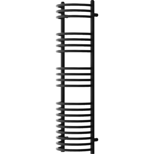 Czarny grzejnik łazienkowy o nowoczesnym designie, składający się z pionowych i poziomych rur ułożonych w regularne odstępy. Produkt ma wymiary 1200 x 318 mm i moc 421 W.