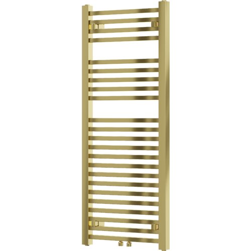 Złoty grzejnik łazienkowy o wymiarach 1200 x 500 mm z poziomymi, równomiernie rozmieszczonymi rurkami. Na dole widoczne są dwa zawory.