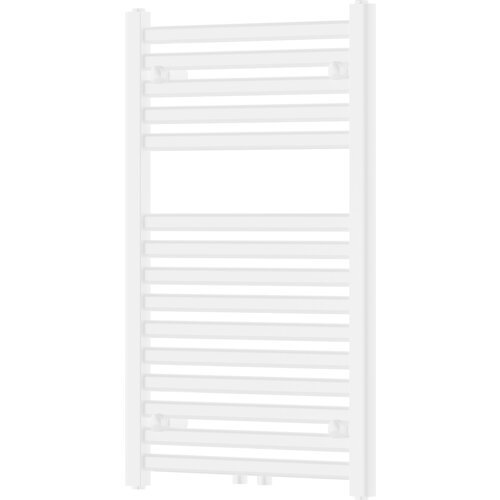 Biały grzejnik łazienkowy o wymiarach 800 x 500 mm z poziomymi rurkami i prostokątną ramą. Produkt ma prosty, nowoczesny design i jest przeznaczony do montażu na ścianie.