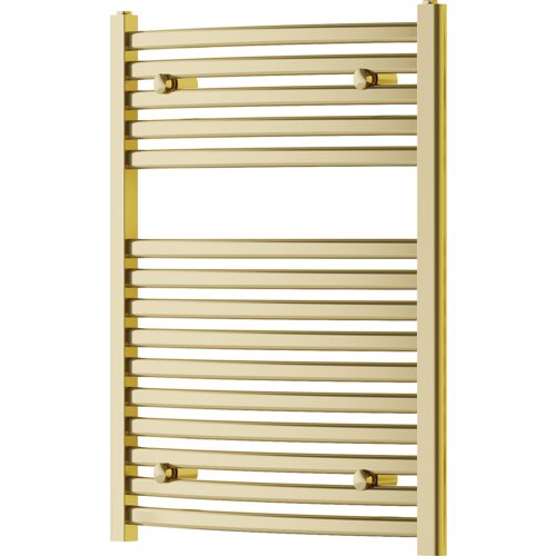 Złoty grzejnik łazienkowy o wymiarach 800 x 600 mm z poziomymi rurkami i czterema widocznymi uchwytami montażowymi. Produkt ma elegancki, nowoczesny design i gładkie wykończenie.