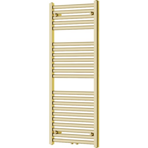 Złoty grzejnik łazienkowy o wymiarach 1200 x 500 mm z poziomymi rurkami i prostokątną ramą. Produkt ma moc 450 W i jest oznaczony jako "Mexen Hades".