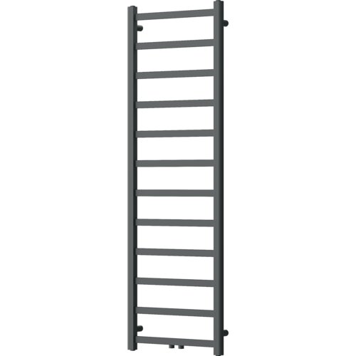 Na zdjęciu znajduje się antracytowy grzejnik łazienkowy o prostokątnym kształcie, zbudowany z pionowych i poziomych rur. Produkt ma wymiary 1500 x 500 mm i moc 389 W.