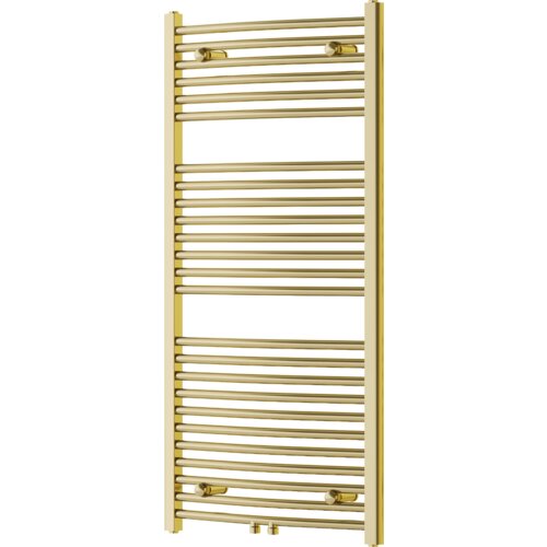 Złoty grzejnik łazienkowy o wymiarach 1200 x 600 mm z poziomymi rurkami i dwoma zaworami u dołu. Produkt ma elegancki, nowoczesny design z gładkim wykończeniem.