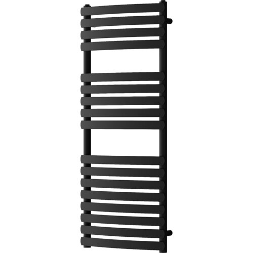 Czarny grzejnik łazienkowy o wymiarach 1200 x 500 mm z poziomymi, płaskimi rurkami. Produkt ma nowoczesny design i jest przeznaczony do montażu na ścianie.
