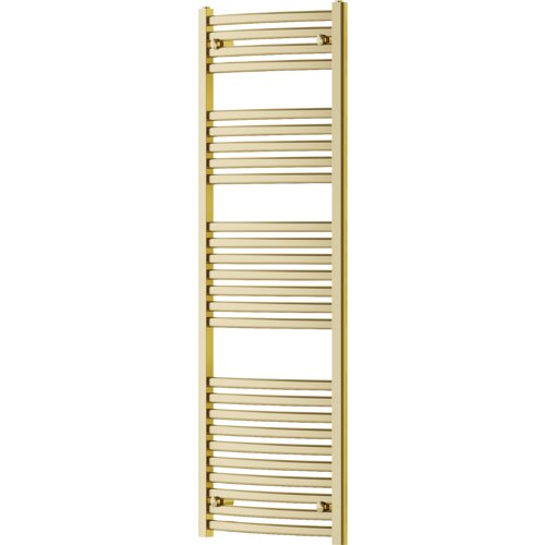 Złoty grzejnik łazienkowy o wymiarach 1500 x 500 mm z poziomymi, równomiernie rozmieszczonymi rurkami. Produkt ma elegancki, nowoczesny wygląd i jest przeznaczony do montażu na ścianie.