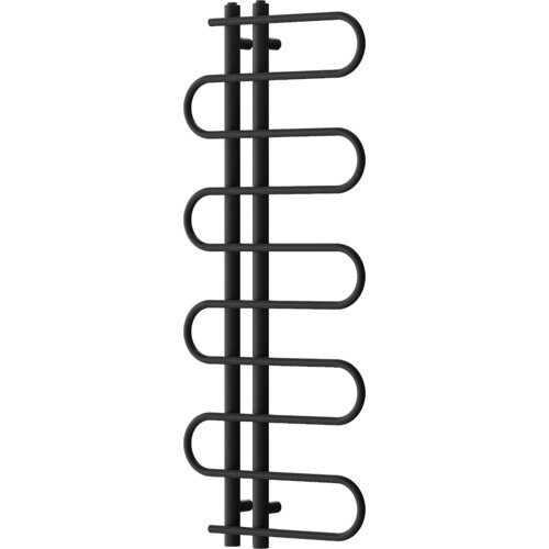 Czarny, dekoracyjny grzejnik łazienkowy o wymiarach 1250 x 500 mm z zakrzywionymi rurkami ułożonymi w pionowy wzór. Produkt ma moc 256 W i model W114-1250-500-00-70.