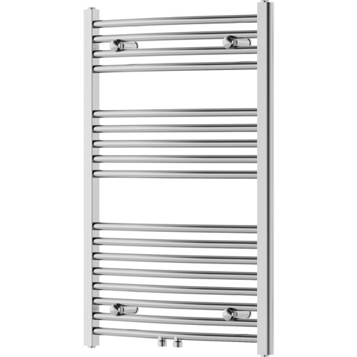 Chromowany grzejnik łazienkowy o wymiarach 900 x 600 mm z poziomymi rurkami i dwoma zaworami u dołu. Produkt ma elegancki, nowoczesny wygląd z gładkim wykończeniem.