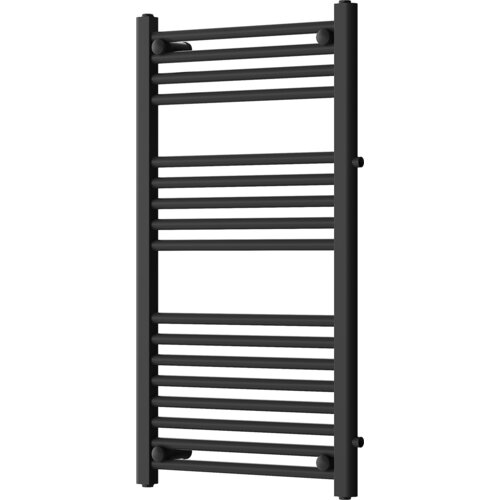 Czarny grzejnik łazienkowy z poziomymi rurkami, model Mexen Mars, o wymiarach 900 x 500 mm i mocy 370 W. Produkt ma boczne podłączenie i prosty, nowoczesny design.