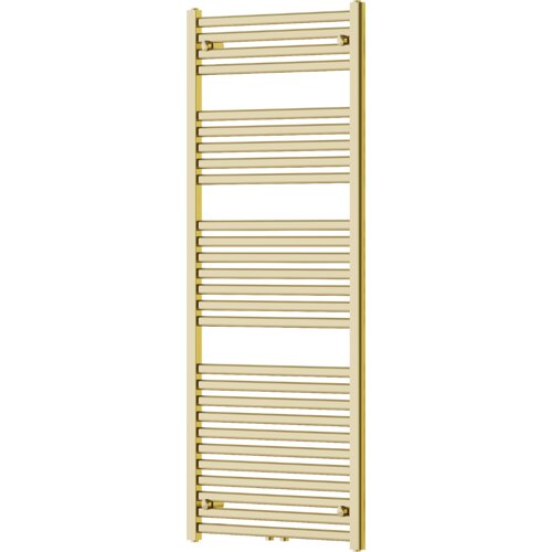 Złoty grzejnik łazienkowy o wymiarach 1500 x 600 mm z poziomymi rurkami i prostokątnymi pionowymi ramami. Produkt ma elegancki, nowoczesny design i jest przeznaczony do montażu na ścianie.