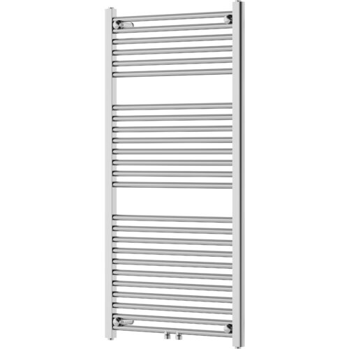 Chromowany grzejnik łazienkowy o wymiarach 1200 x 600 mm z poziomymi rurkami i prostokątnymi pionowymi ramami. Produkt ma moc 487 W i model oznaczony jako W110-1200-600-00-01.