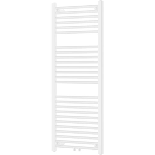 Biały grzejnik łazienkowy z pionowymi kolektorami i poziomymi rurkami, o wymiarach 1200 x 500 mm. Produkt ma prosty, nowoczesny design i jest przeznaczony do montażu na ścianie.