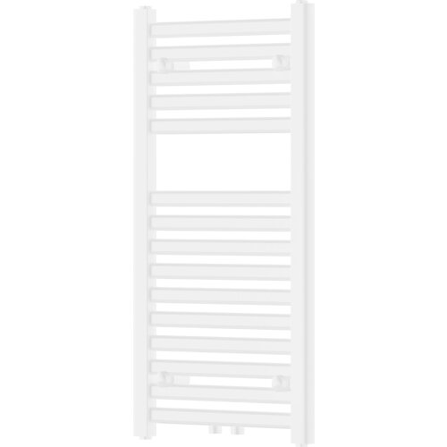 Biały grzejnik łazienkowy o prostokątnym kształcie, zbudowany z poziomych, równomiernie rozmieszczonych rurek. Produkt ma wymiary 800 x 400 mm i moc 320 W.