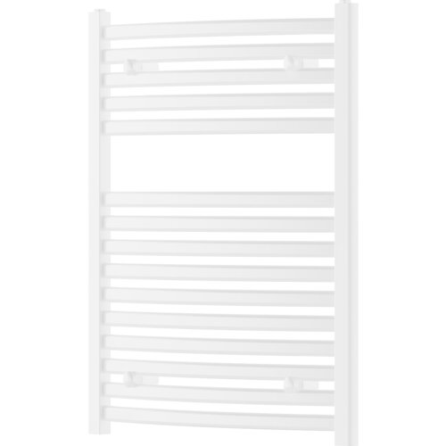 Biały grzejnik łazienkowy o prostokątnym kształcie, zbudowany z poziomych, równoległych rurek. Produkt ma wymiary 800 x 600 mm i moc 448 W.