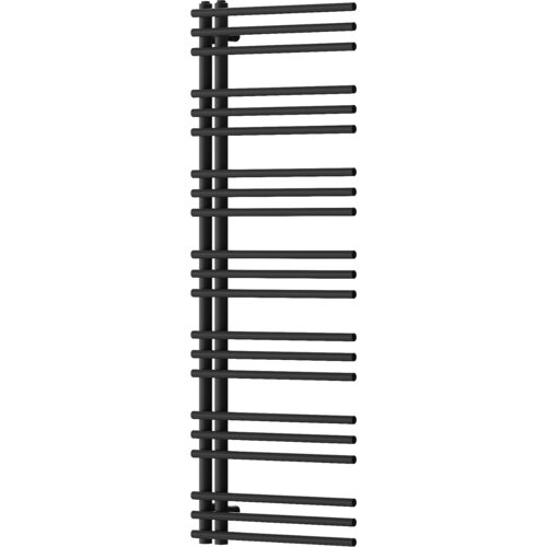 Czarny, dekoracyjny grzejnik łazienkowy o wymiarach 1400 x 500 mm z poziomymi, równoległymi rurkami. Produkt ma nowoczesny design i jest przeznaczony do montażu na ścianie.