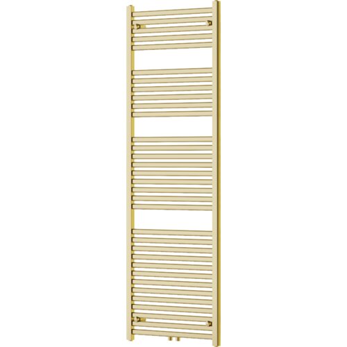 Złoty grzejnik łazienkowy o prostokątnym kształcie, zbudowany z poziomych, równomiernie rozmieszczonych rurek. Produkt ma wymiary 1800 x 600 mm i moc 790 W.
