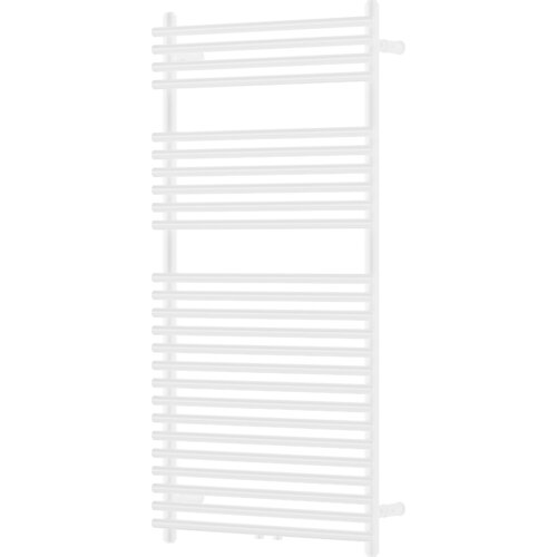 Na zdjęciu znajduje się biały grzejnik łazienkowy o prostokątnym kształcie, zbudowany z poziomych rurek. Grzejnik ma wymiary 1200 x 600 mm i moc 658 W.