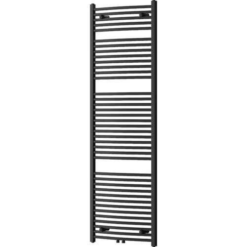 Czarny grzejnik łazienkowy o wymiarach 1800 x 600 mm z poziomymi, równomiernie rozmieszczonymi rurkami. Produkt ma nowoczesny design i jest przeznaczony do montażu na ścianie.