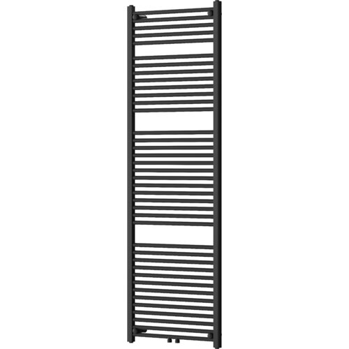Czarny grzejnik łazienkowy o prostokątnym kształcie, zbudowany z poziomych, równomiernie rozmieszczonych rurek. Produkt ma wymiary 1800 x 600 mm i moc 953 W.
