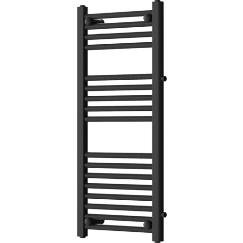 Czarny grzejnik łazienkowy z bocznymi rurkami, o wymiarach 900 x 400 mm, złożony z poziomych, równomiernie rozmieszczonych prętów. Produkt ma prosty, nowoczesny design.