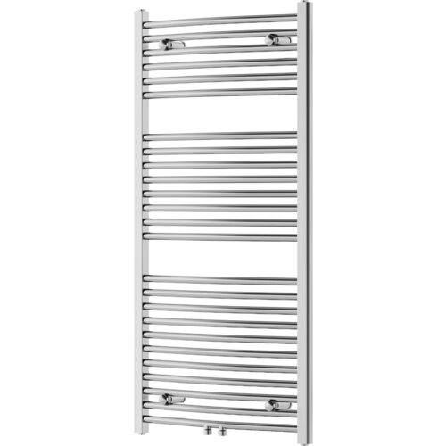 Chromowany grzejnik łazienkowy o wymiarach 1200 x 600 mm z poziomymi rurkami i dwoma zaworami u dołu. Produkt ma elegancki, nowoczesny wygląd z gładkim wykończeniem.