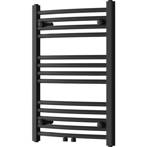 Czarny grzejnik łazienkowy o wymiarach 700 x 500 mm z poziomymi rurkami i pionowymi kolektorami. Produkt ma moc 286 W i model oznaczony jako W102-0700-500-00-70.