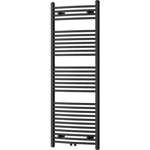 Czarny grzejnik łazienkowy o wymiarach 1500 x 600 mm z poziomymi, równomiernie rozmieszczonymi rurkami. Produkt ma nowoczesny design i jest przeznaczony do montażu na ścianie.