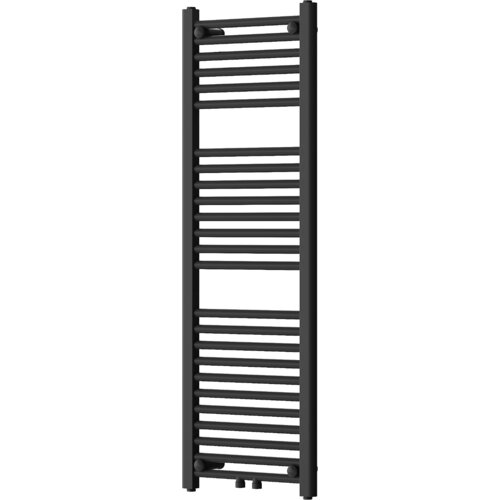 Czarny grzejnik łazienkowy o wymiarach 1200 x 400 mm z poziomymi rurkami i pionowymi kolektorami. Produkt ma moc 439 W i jest oznaczony jako "Mexen Mars - W110-1200-400-00-70".
