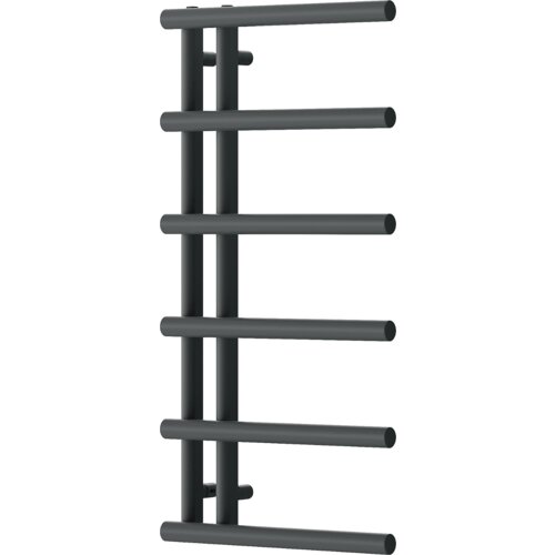 Dekoracyjny grzejnik łazienkowy w kolorze antracytowym, o wymiarach 988 x 500 mm, składający się z poziomych, cylindrycznych rur połączonych z pionowymi elementami. Produkt ma moc 461 W.