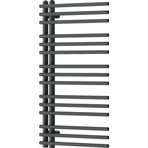 Dekoracyjny grzejnik łazienkowy w kolorze antracytowym, o wymiarach 900 x 500 mm, składający się z poziomych, równoległych rur połączonych z pionowymi elementami. Produkt ma moc 369 W.