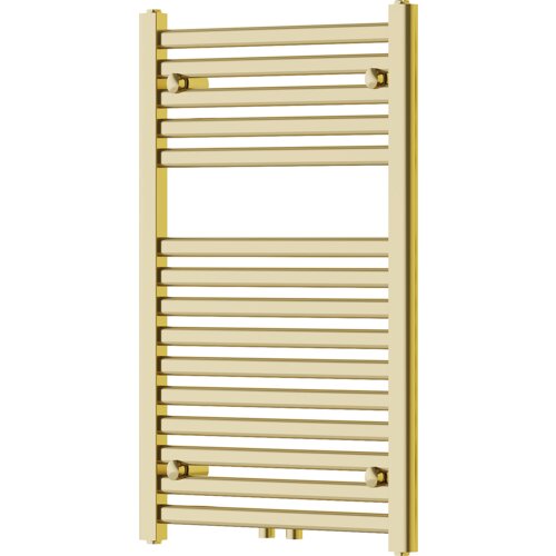 Złoty grzejnik łazienkowy o wymiarach 800 x 500 mm z poziomymi, równomiernie rozmieszczonymi rurkami. Produkt ma eleganckie, błyszczące wykończenie i prostokątny kształt.
