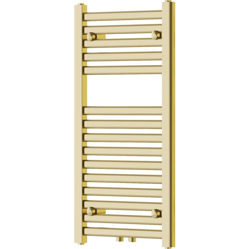 Złoty grzejnik łazienkowy z poziomymi, równomiernie rozmieszczonymi rurkami, o wymiarach 800 x 400 mm. Produkt ma gładką powierzchnię i prostokątny kształt.